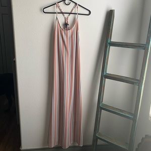 Pink maxi dress with blue and white stripes